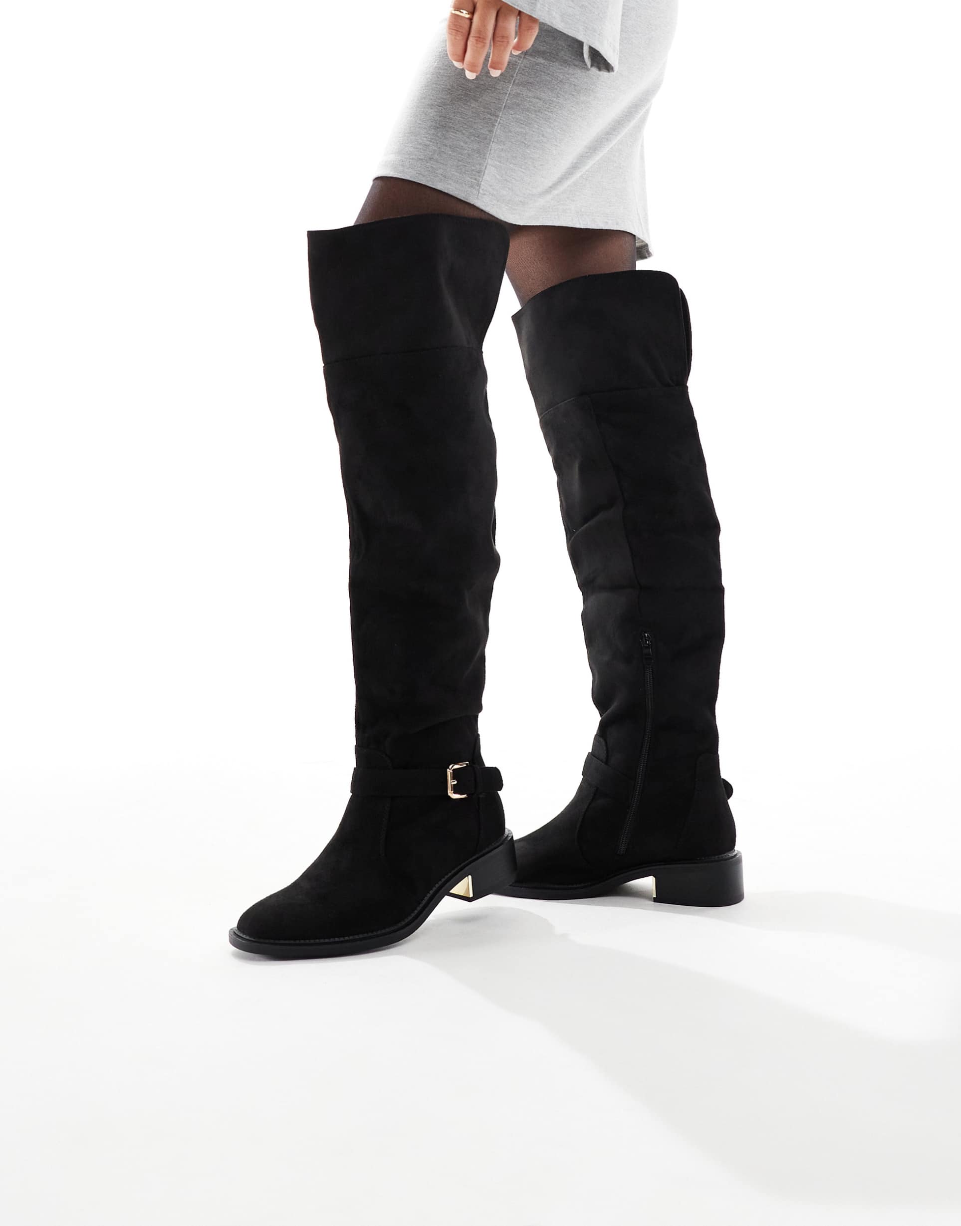 seqwl wide fit latte buckle detail over-the-knee boots in black