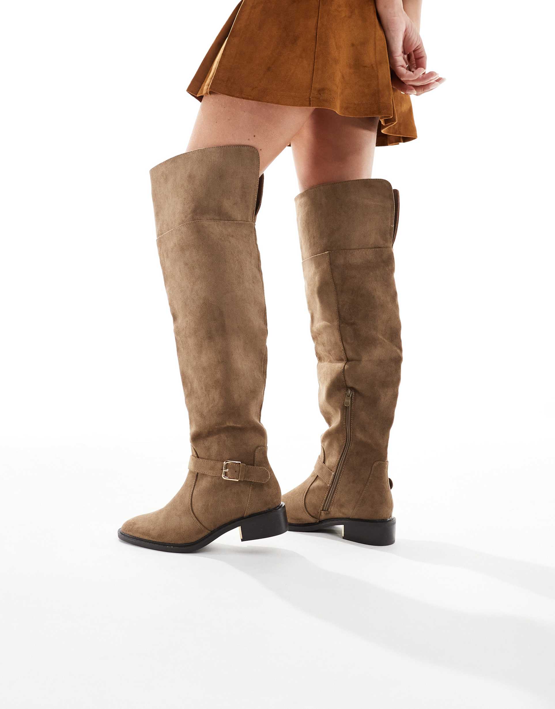 seqwl wide fit latte buckle detail over-the-knee boots in chocolate