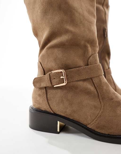 SEQWL Wide Fit Latte buckle detail over-the-knee boots in chocolate, 2 of 4