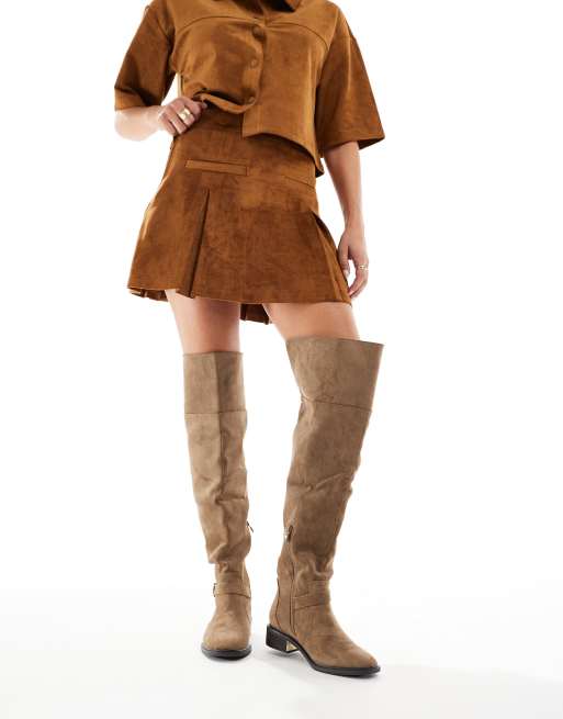 SEQWL Wide Fit Latte buckle detail over-the-knee boots in chocolate, 3 of 4
