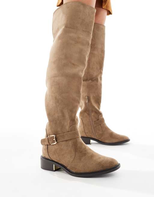 SEQWL Wide Fit Latte buckle detail over-the-knee boots in chocolate, 4 of 4