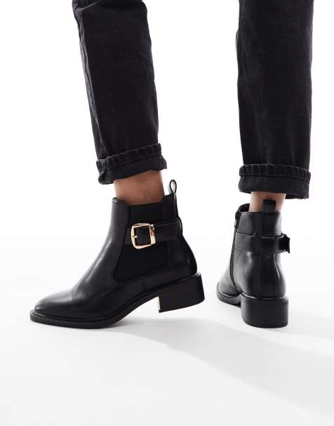 SEQWL Wide Fit Latte buckle detail refined chelsea boots in black - view 1