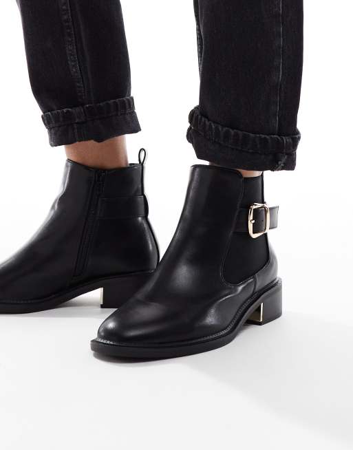 SEQWL Wide Fit Latte buckle detail refined chelsea boots in black, 2 of 4