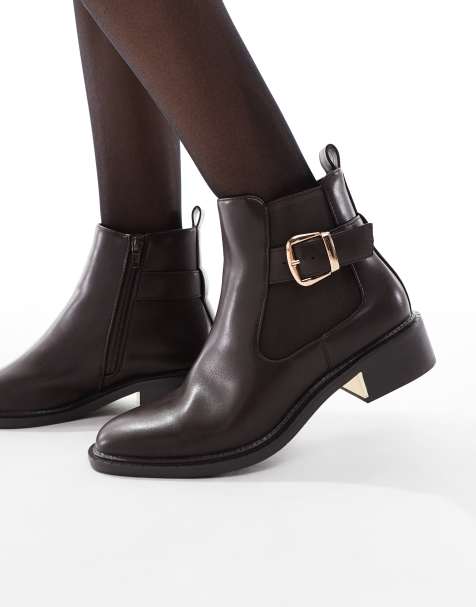SEQWL Wide Fit Latte buckle detail refined Chelsea boots in chocolate - view 1