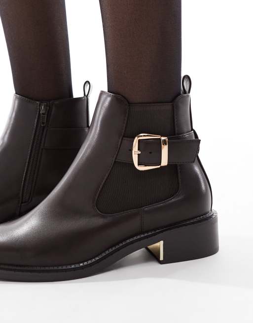 SEQWL Wide Fit Latte buckle detail refined chelsea boots in chocolate, 3 of 4