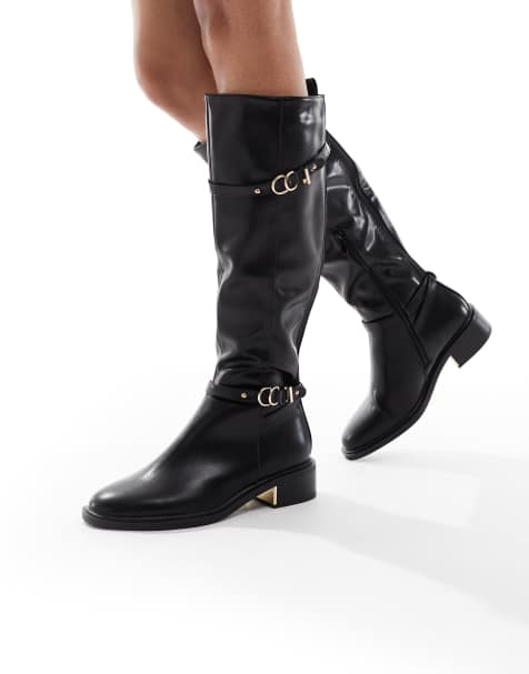 SEQWL Wide Fit Latte buckle detail refined riding boots in black - view 1