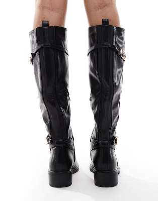 Seqwl Wide Fit Latte Buckle Detail Refined Riding Boots In Black
