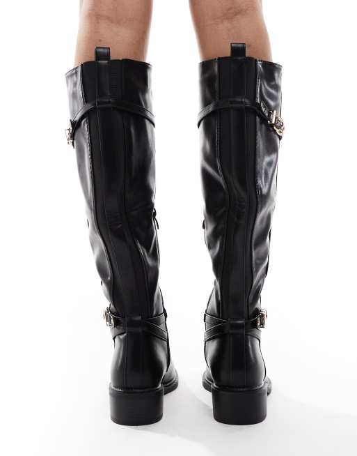 SEQWL Wide Fit Latte buckle detail refined riding boots in black, 2 of 4
