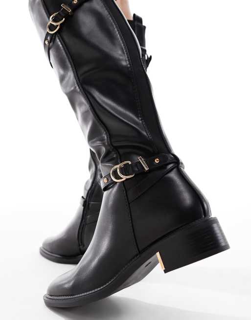SEQWL Wide Fit Latte buckle detail refined riding boots in black