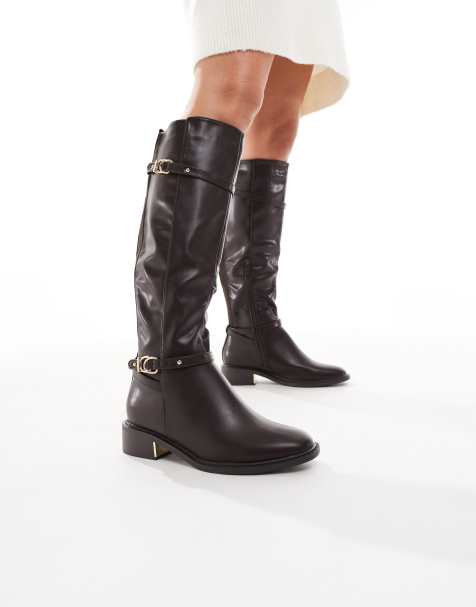 SEQWL Wide Fit Latte buckle detail refined riding boots in chocolate - view 1