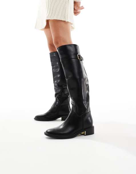 SEQWL Wide Fit Latte buckle detail riding boots in black - view 1