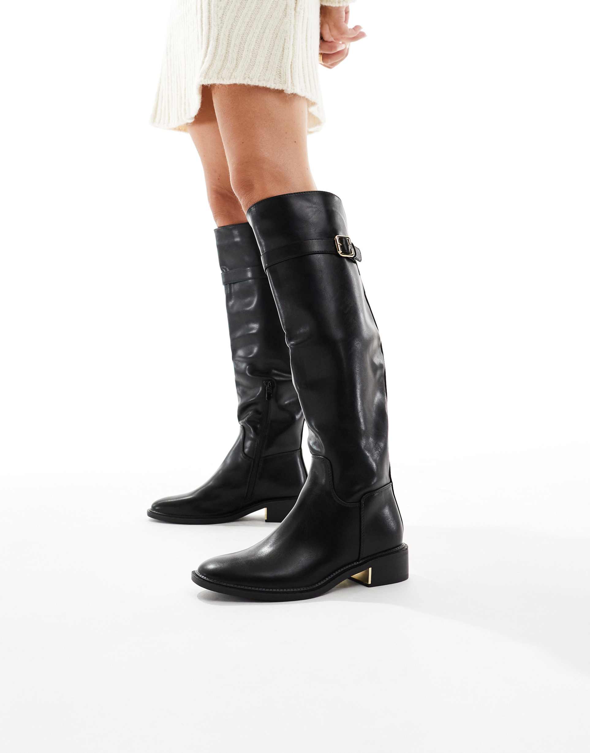 seqwl wide fit latte buckle detail riding boots in black