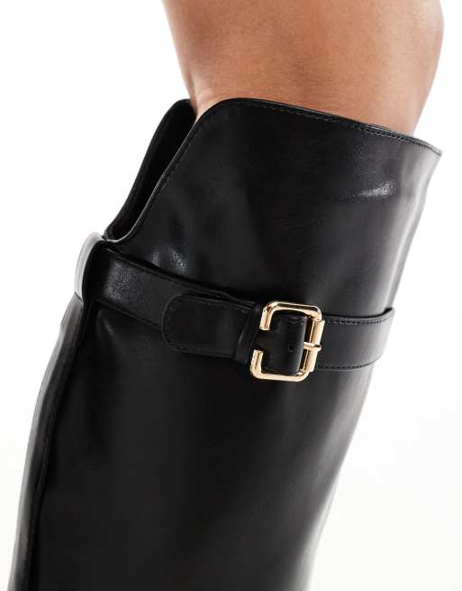 SEQWL Wide Fit Latte buckle detail riding boots in black, 2 of 4