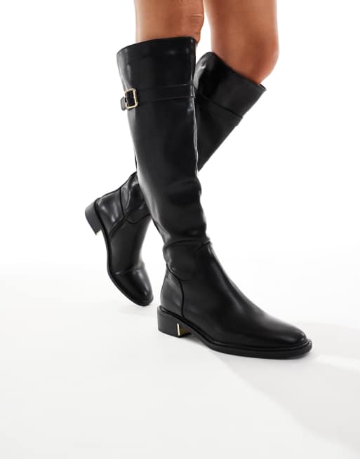 SEQWL Wide Fit Latte buckle detail riding boots in black, 4 of 4