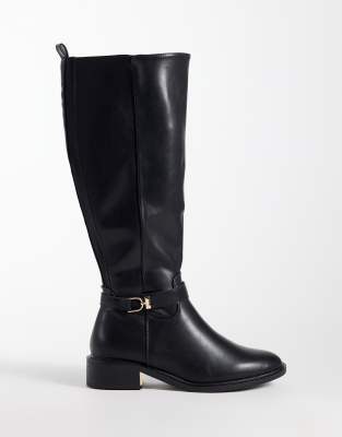Seqwl Wide Fit Latte Buckle Riding Boots In Black