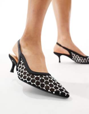 Seqwl Wide Fit Maybach Embellished Slingback Kitten Heeled Shoes In Black