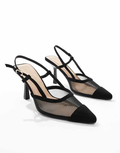SEQWL Wide Fit - Mayback - Scarpe con tacchetti a spillo e cinturino sul retro in rete nere, 3 di 4