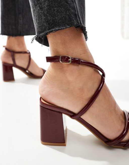 SEQWL Wide Fit mid block heel sandals in burgundy ASOS