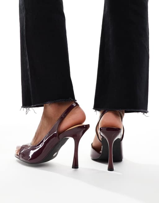 SEQWL Wide Fit Mokka slingback peep toe high heels in dark red, 4 of 4