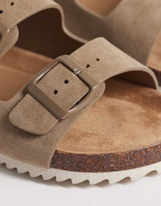 SEQWL Wide Fit – Olsen – Brungrå, platta sandaler med dubbla spännen, 3 av 4