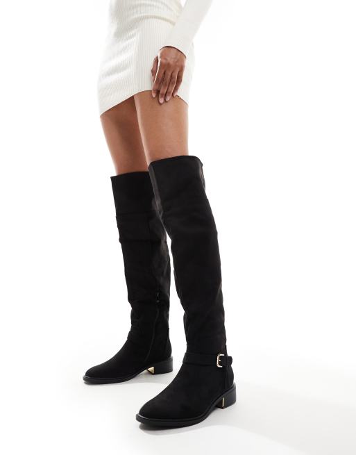 SEQWL Wide Fit Over The Knee Flat Boots with Tassels in Black