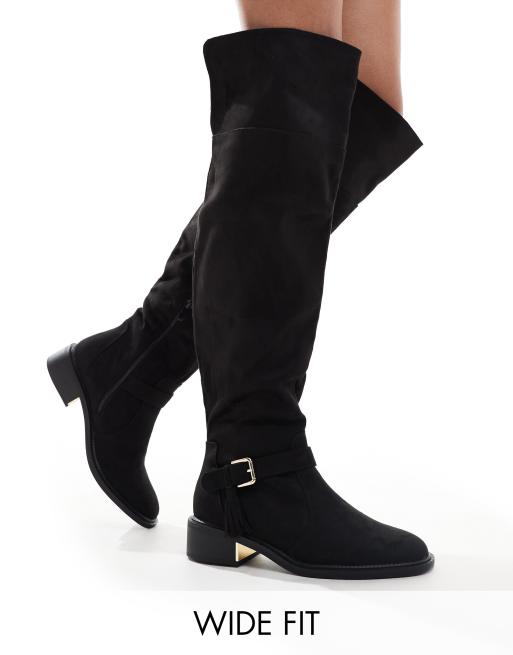 SEQWL Wide Fit over the knee flat boots with tassle in black ASOS