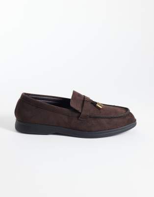 Seqwl Wide Fit Panther Tassel Trim Loafers In Brown