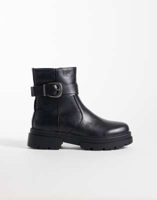 Seqwl Wide Fit Perth Chunky Buckle Detail Boots In Black