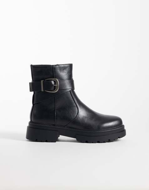 SEQWL Wide Fit Perth chunky buckle detail boots in black - view 1