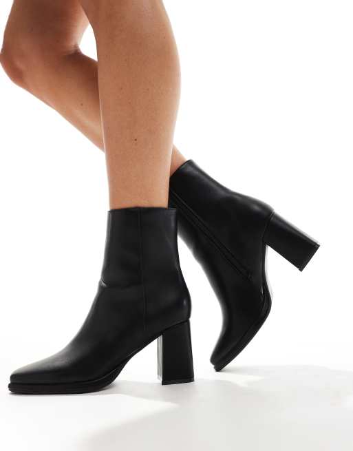 SEQWL Wide Fit pointed block heel ankle boots in black ASOS