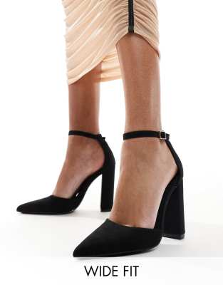 pointed block heel shoes in black with ankle strap