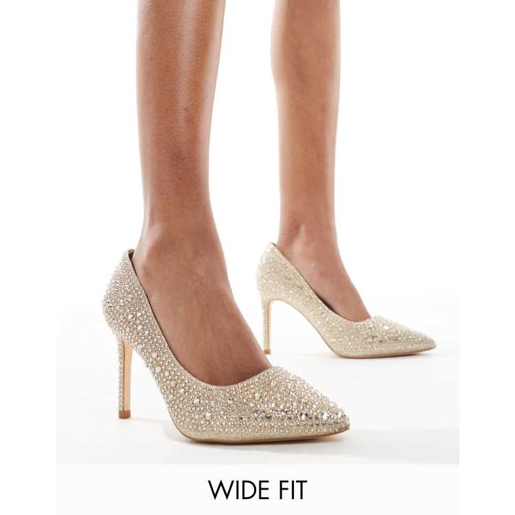 SEQWL Wide Fit pointed court shoes with rhinesone embellishment in