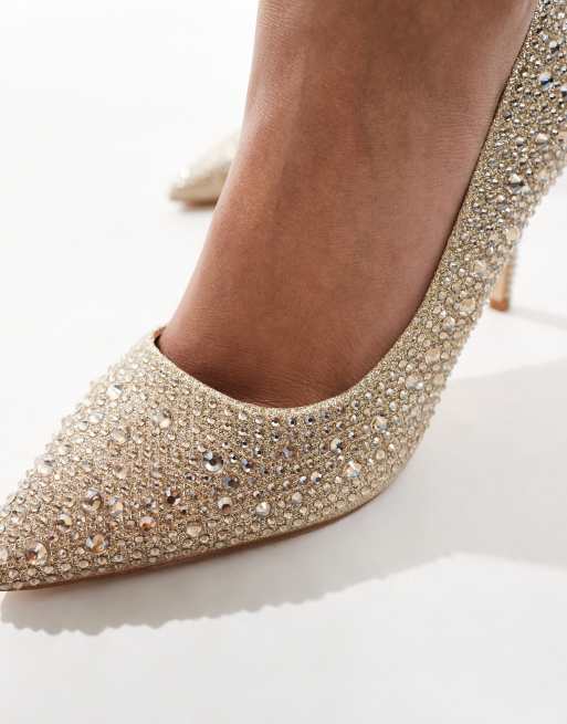 SEQWL Wide Fit pointed court shoes with rhinesone embellishment in gold ASOS