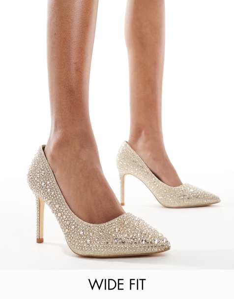 SEQWL Wide Fit pointed court shoes with rhinestone embellishment in gold - view 1
