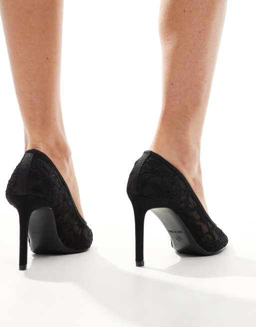 SEQWL Wide Fit pointed court shoes with stiletto heel in black lace