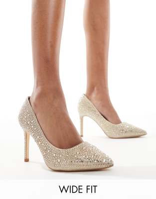 pointed pumps with rhinestone embellishment in gold