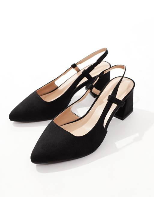 SEQWL Wide Fit pointed sling back block heeled shoes in black