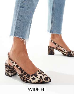 SEQWL Wide Fit SEQWL Wide Fit pointed sling back block heeled shoes in leopard print-Multi