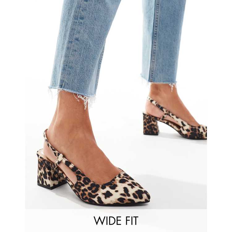 SEQWL Wide Fit pointed sling back block heeled shoes in leopard print ASOS