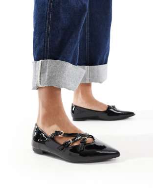 SEQWL Wide Fit pointed strappy ballet flats in black patent