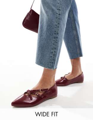 SEQWL Wide Fit pointed strappy ballet flats in burgundy-Red