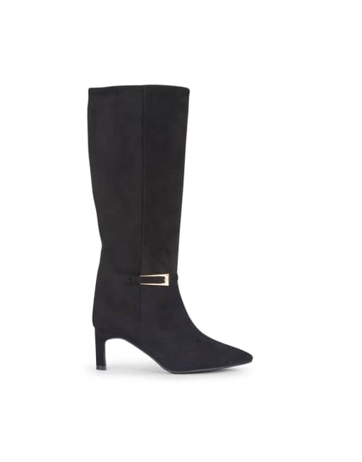SEQWL Wide Fit Pointed toe knee high stiletto boots with buckle detail in black, 3 of 5