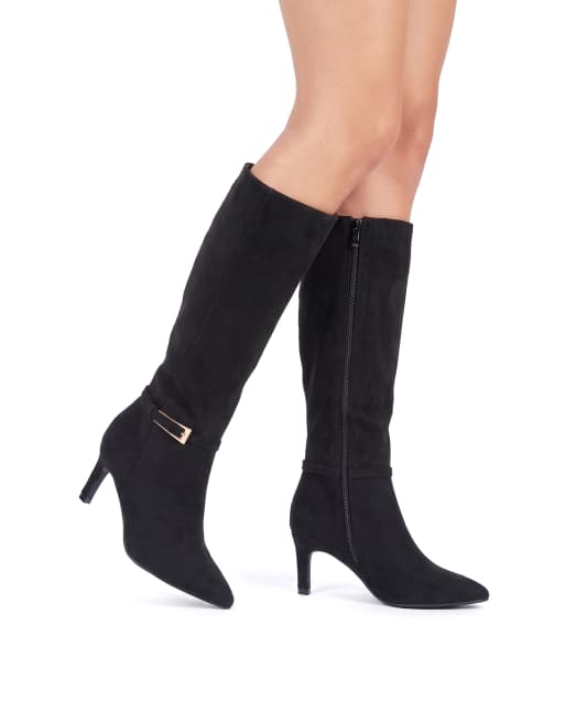 SEQWL Wide Fit Pointed toe knee high stiletto boots with buckle detail in black, 4 of 5
