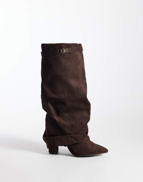SEQWL Wide Fit Ranger boots i mockaimitation med vikbar skaftkant över knät i chokladbrun - view 1