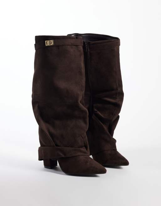 SEQWL Wide Fit Ranger boots i mockaimitation med vikbar skaftkant över knät i chokladbrun, 2 av 4
