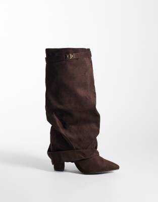 Seqwl Wide Fit Ranger Faux Suede Fold-over Knee Boots In Brown