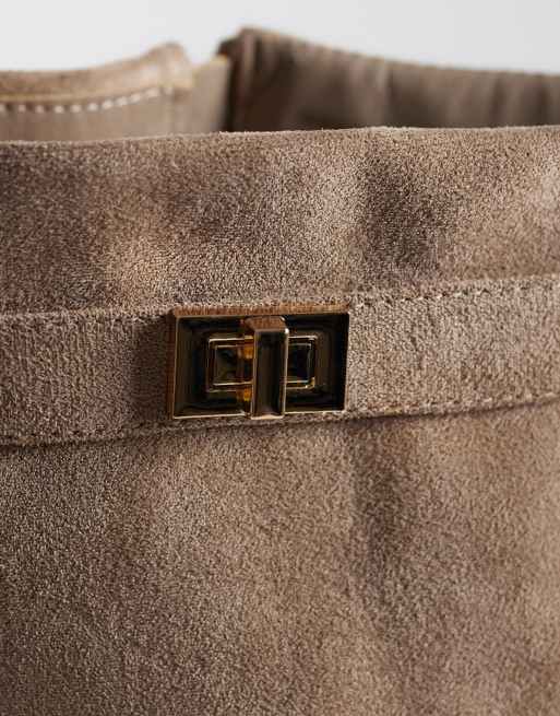 SEQWL Wide Fit Ranger faux suede fold over knee boots in taupe, 2 of 4