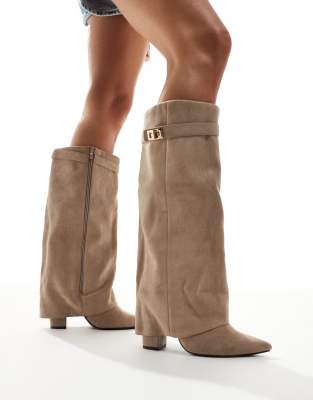 SEQWL Wide Fit SEQWL Wide Fit Ranger fold over knee boots in taupe-Neutral