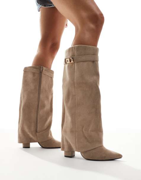 SEQWL Wide Fit Ranger fold over knee boots in taupe - view 1
