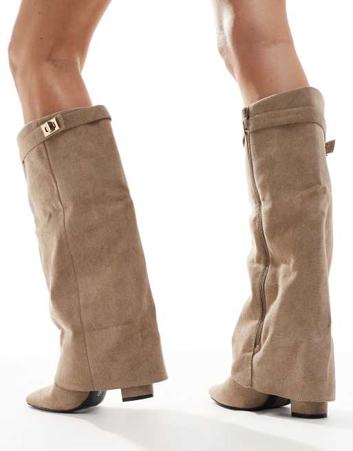 SEQWL Wide Fit Ranger fold over knee boots in taupe